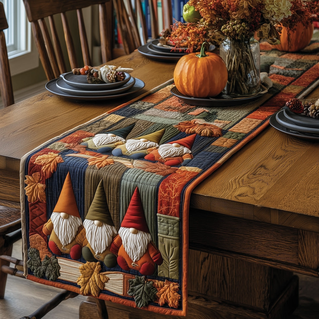 Gnome Trio on Green Patchwork Table Runner
