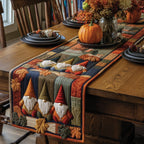Gnome Trio on Green Patchwork Table Runner