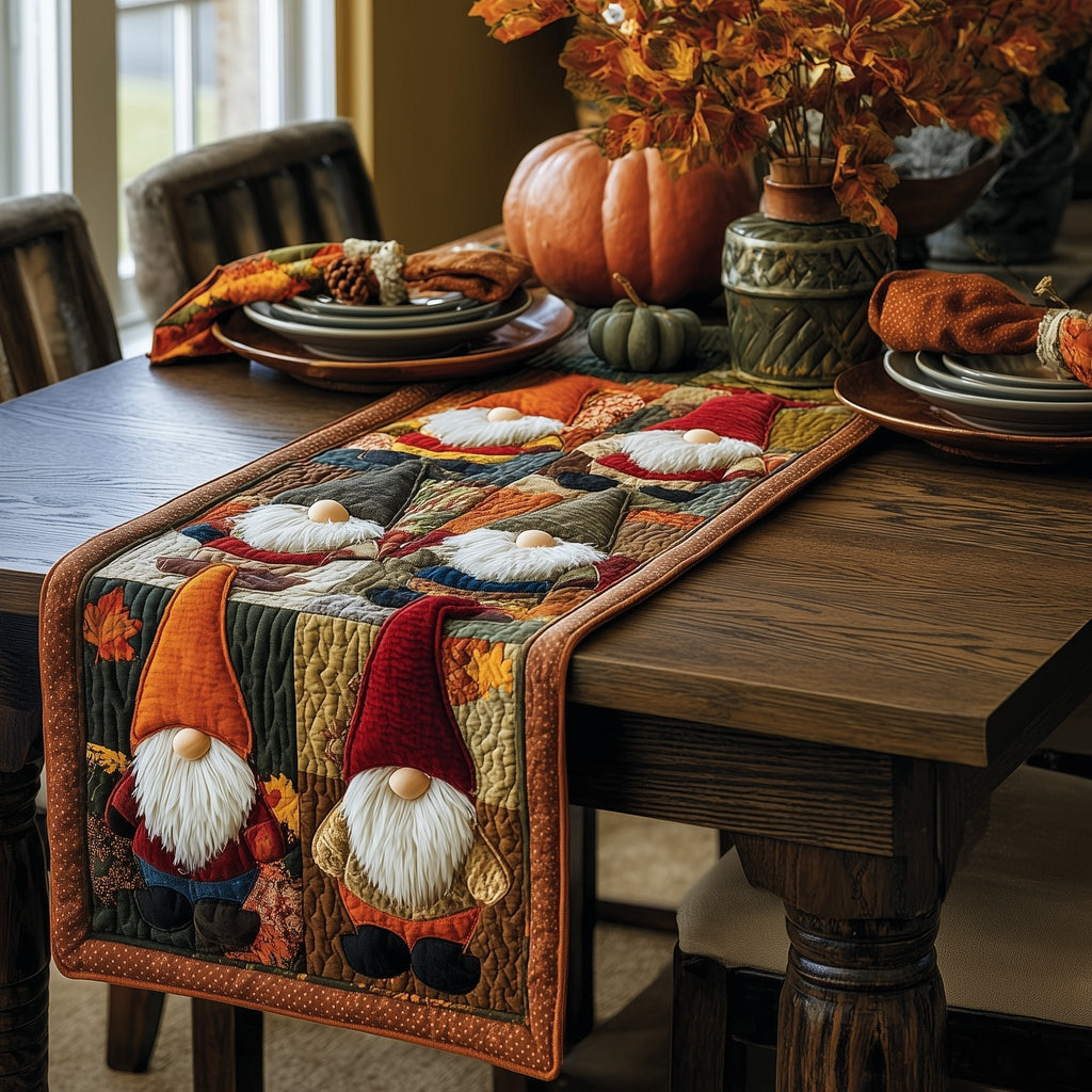 Orange Hat Gnomes on Green Table Runner