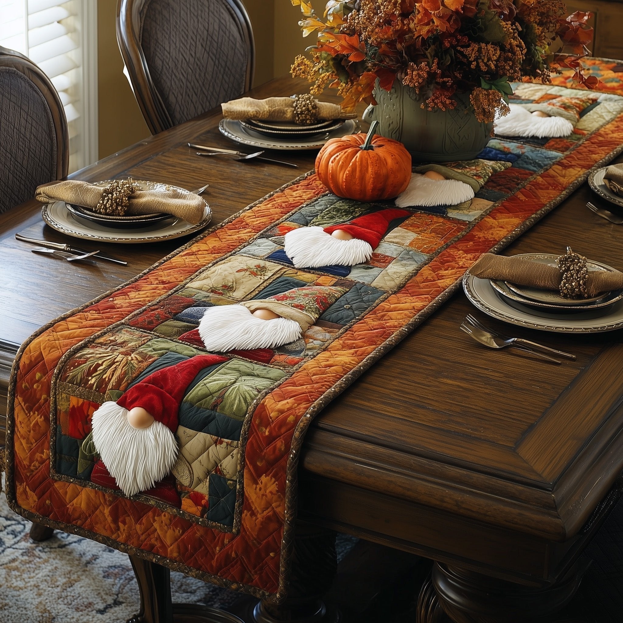Red Hat Gnome with Autumn Pumpkins Table Runner