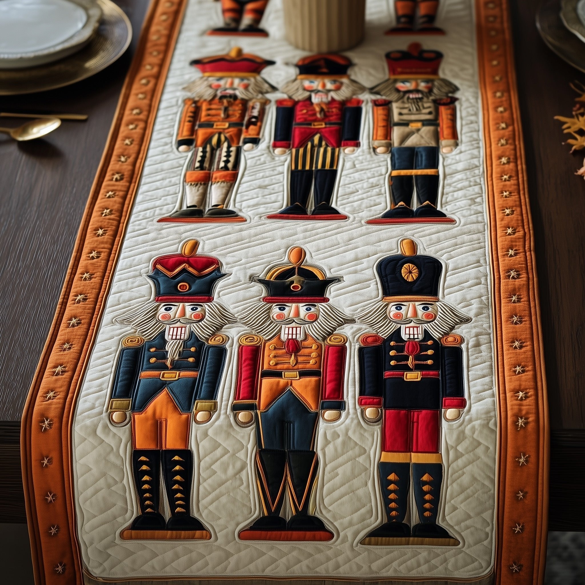 Navy and Orange Nutcrackers on Cream Table Runner