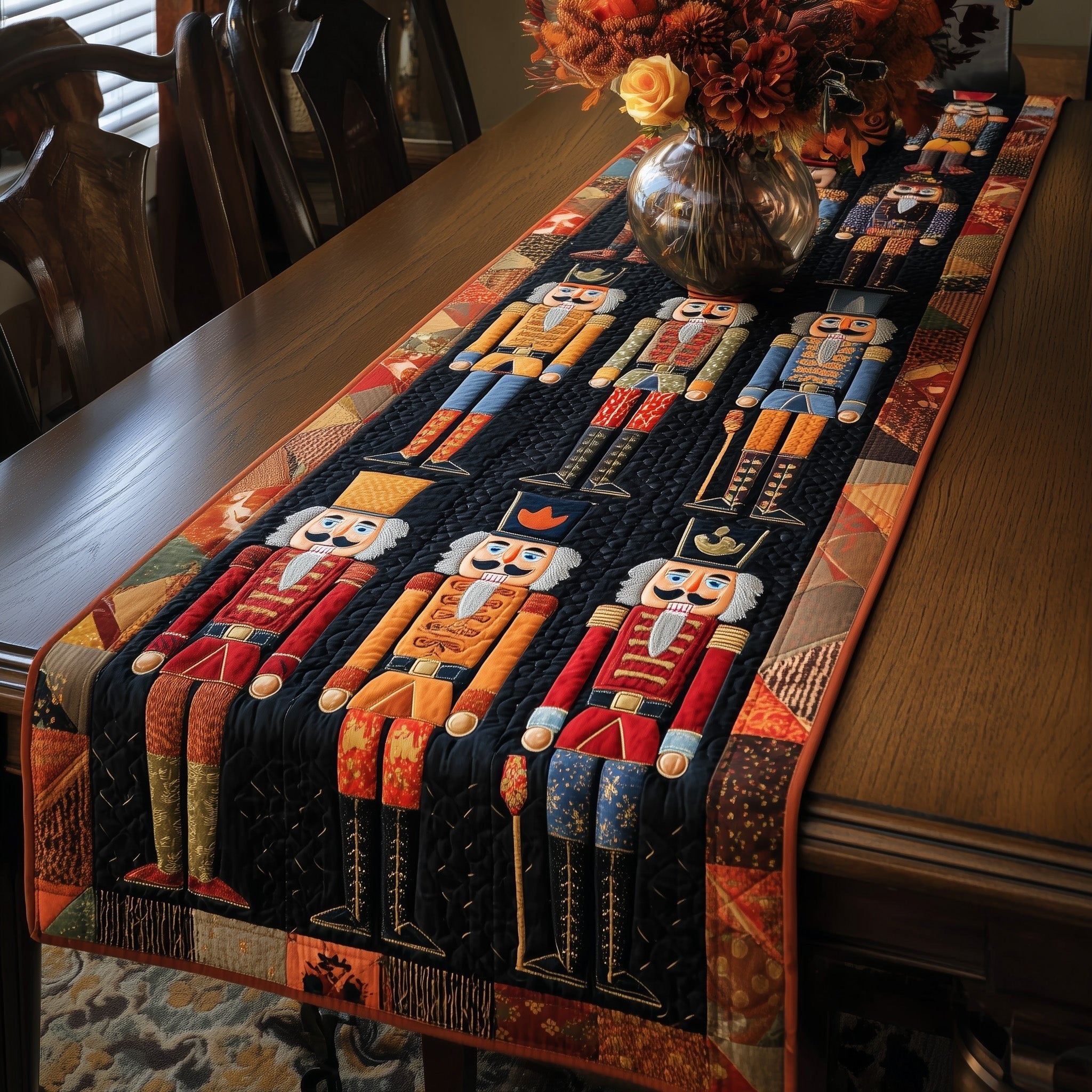 Orange Nutcrackers on Black Table Runner