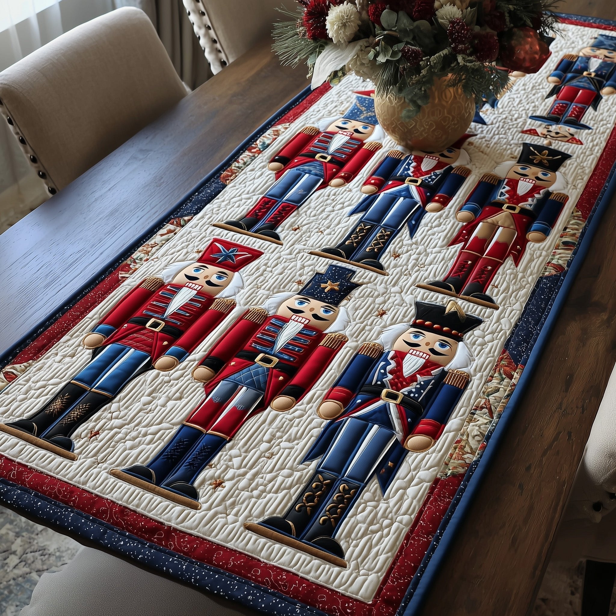 Red and Blue Nutcrackers on White Table Runner