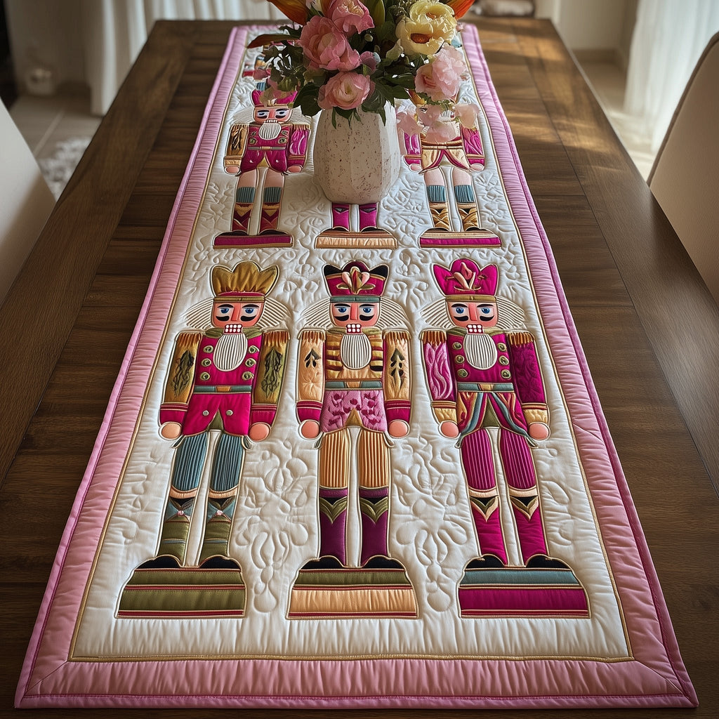 Pink Nutcrackers on White Panel Table Runner