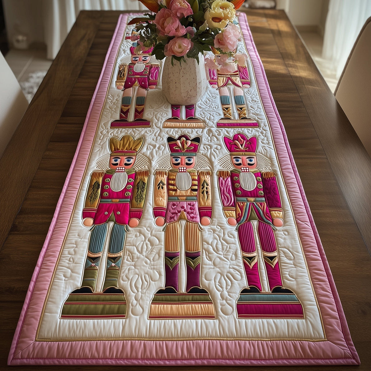 Pink Nutcrackers on White Panel Table Runner