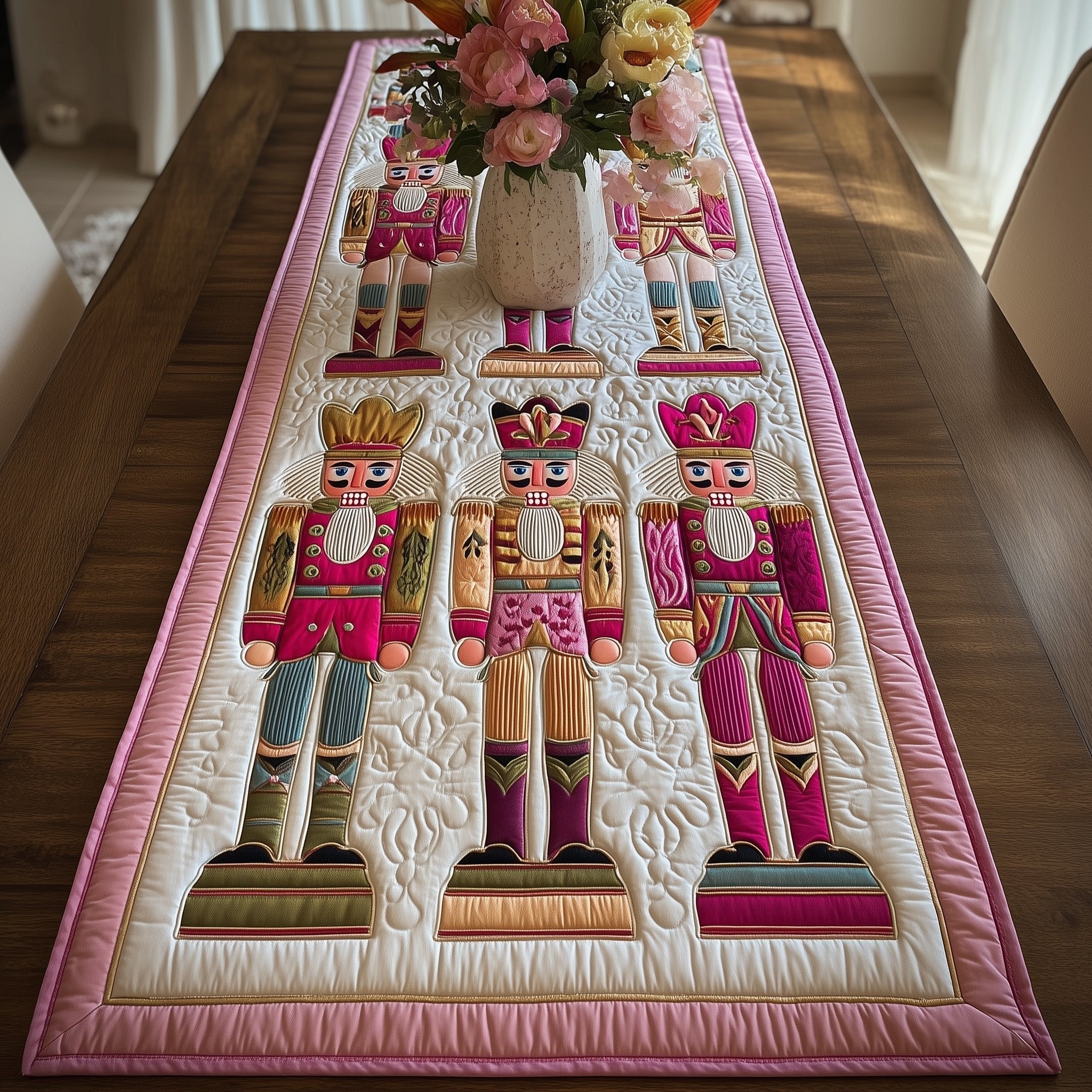 Pink Nutcrackers on White Panel Table Runner
