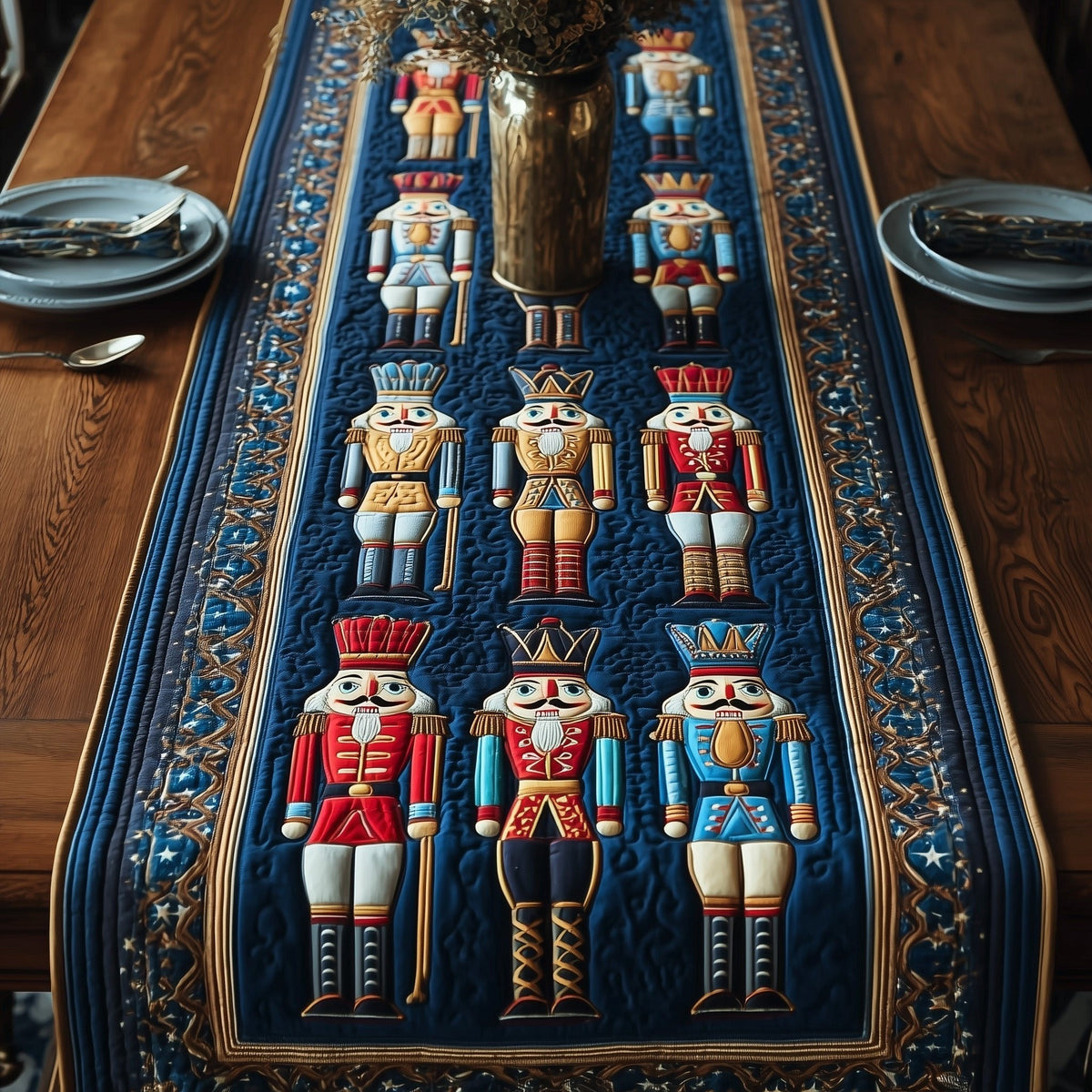 Nutcrackers on Blue Quilting Table Runner