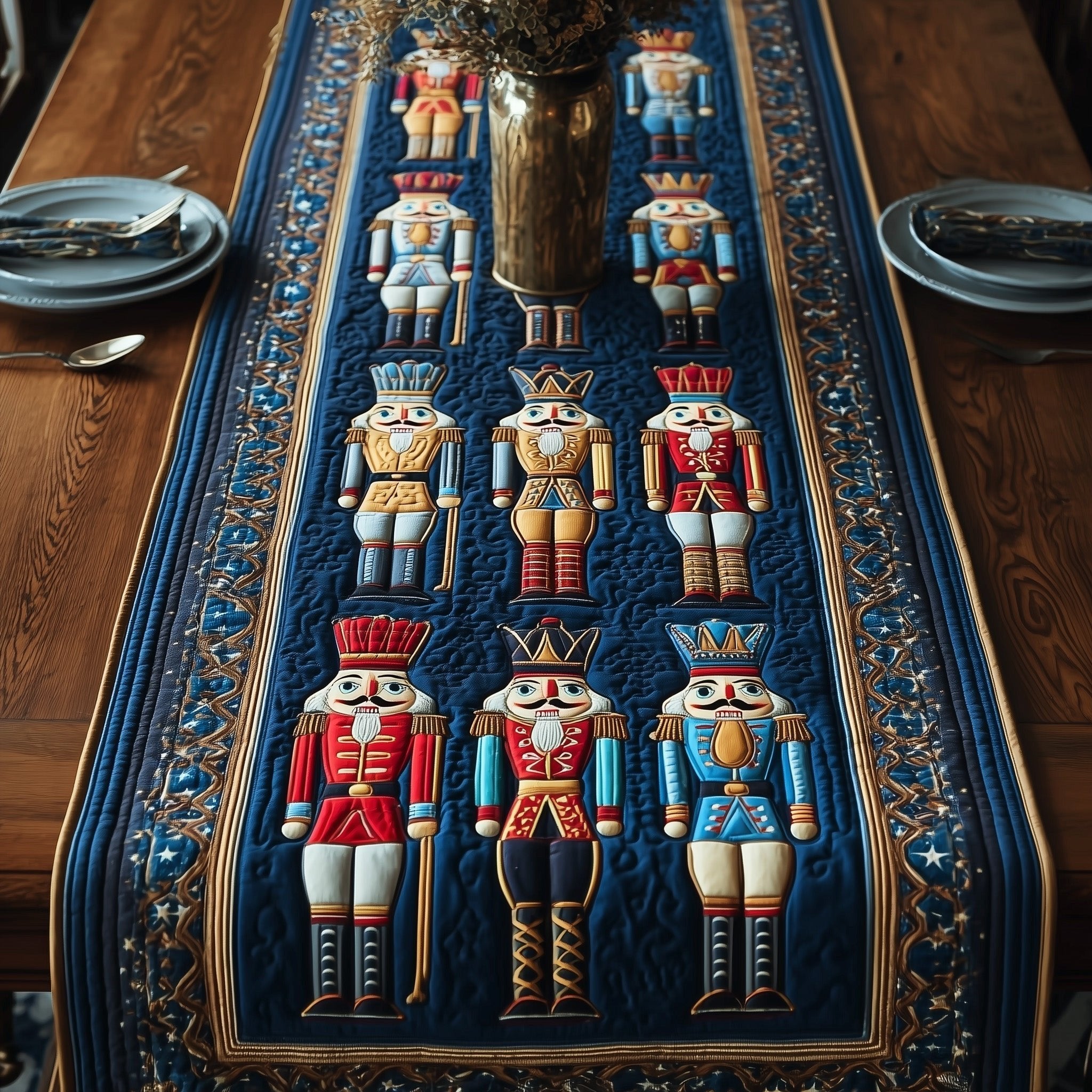 Nutcrackers on Blue Quilting Table Runner