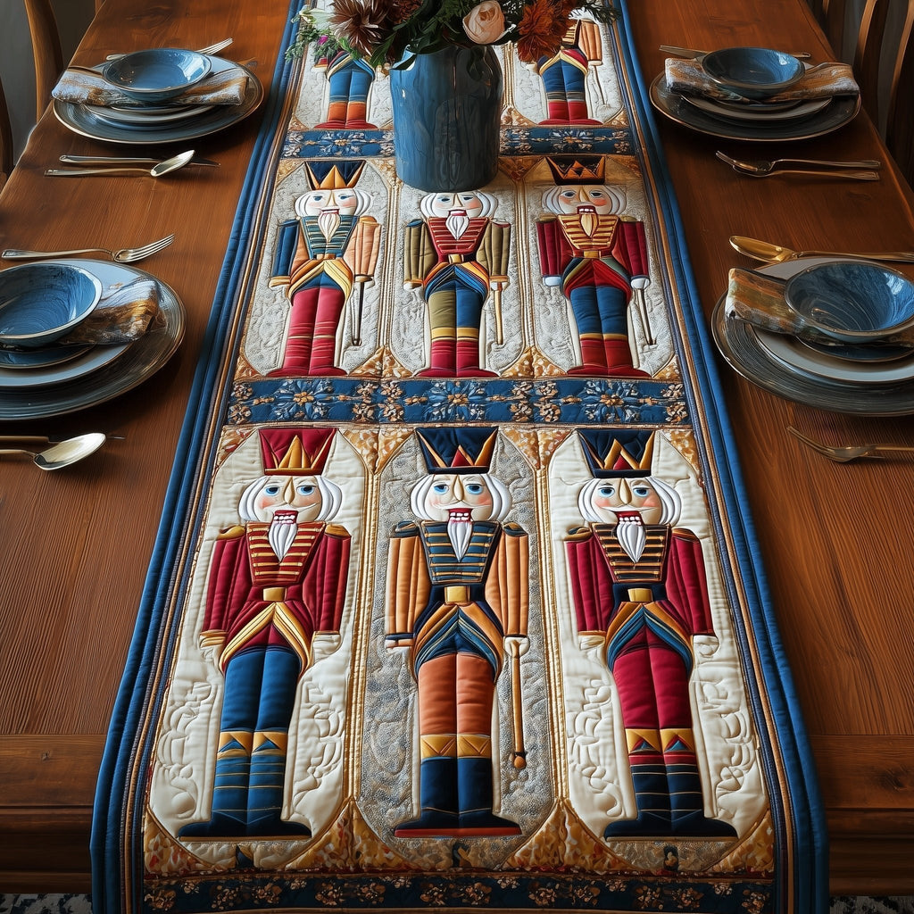 Nutcrackers on Blue and Cream Table Runner