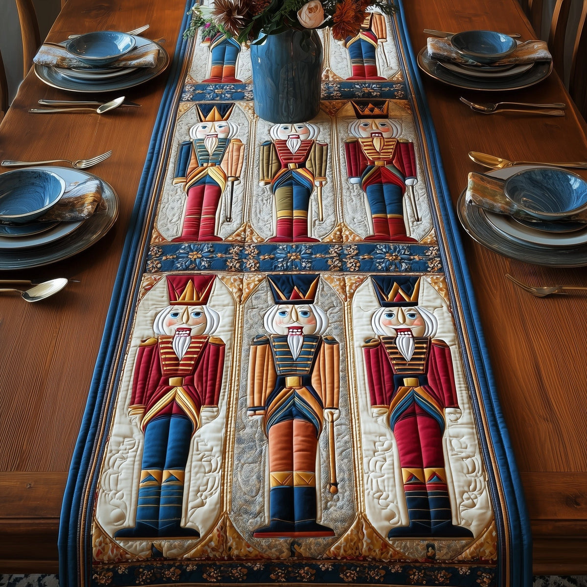Nutcrackers on Blue and Cream Table Runner