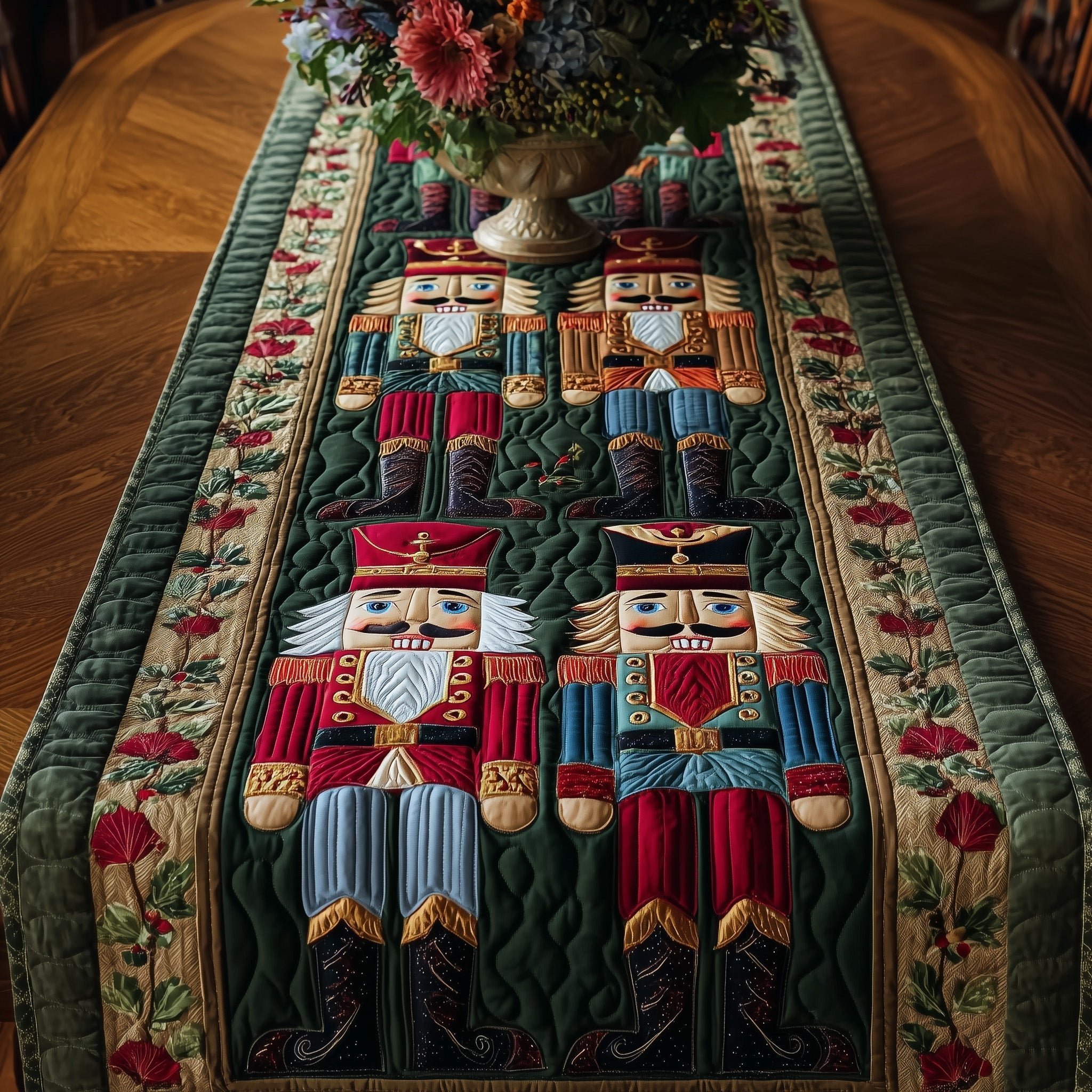 Nutcrackers with Green Floral Border Table Runner