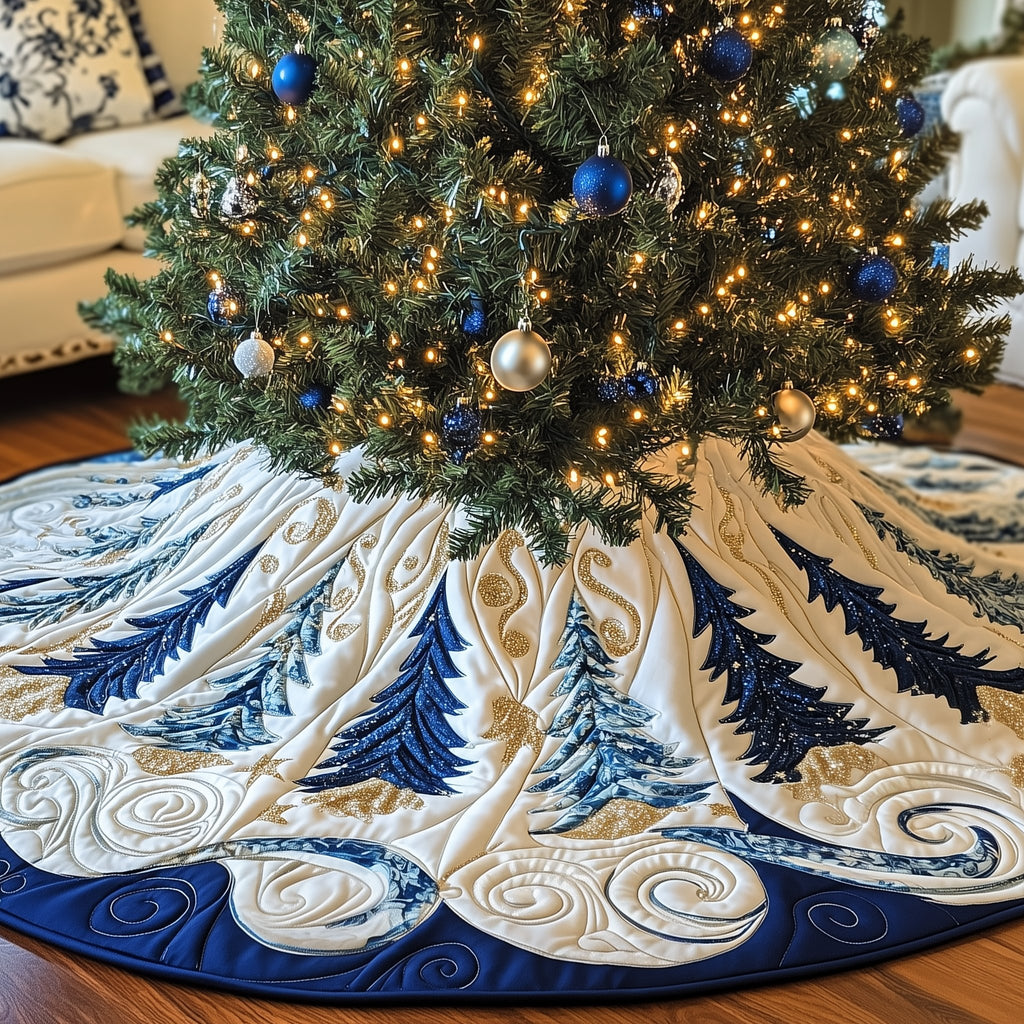 Indigo Trees in a Blue Scroll Christmas Tree Skirt