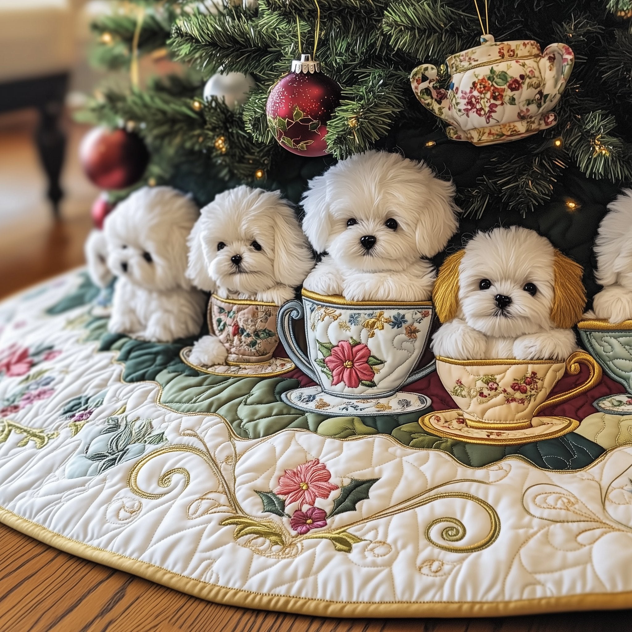 Bichon Puppies in Floral Teacups Christmas Tree Skirt