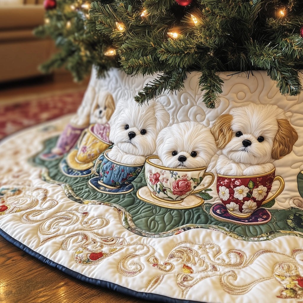 Bichon Puppies in Painted Cups Christmas Tree Skirt