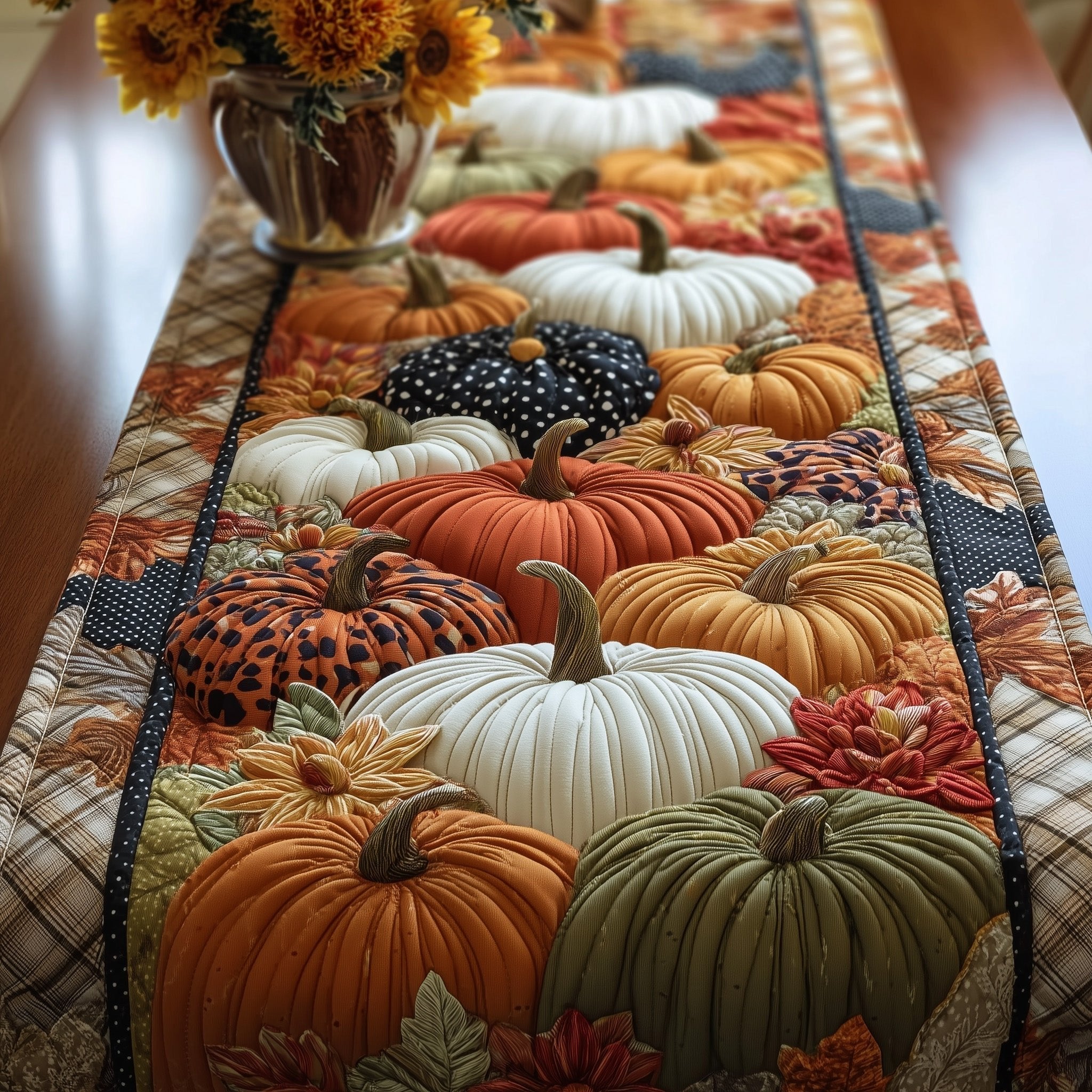 White Pumpkins with Leopard Print Table Runner