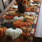 White and Orange Pumpkins with Plaid Table Runner