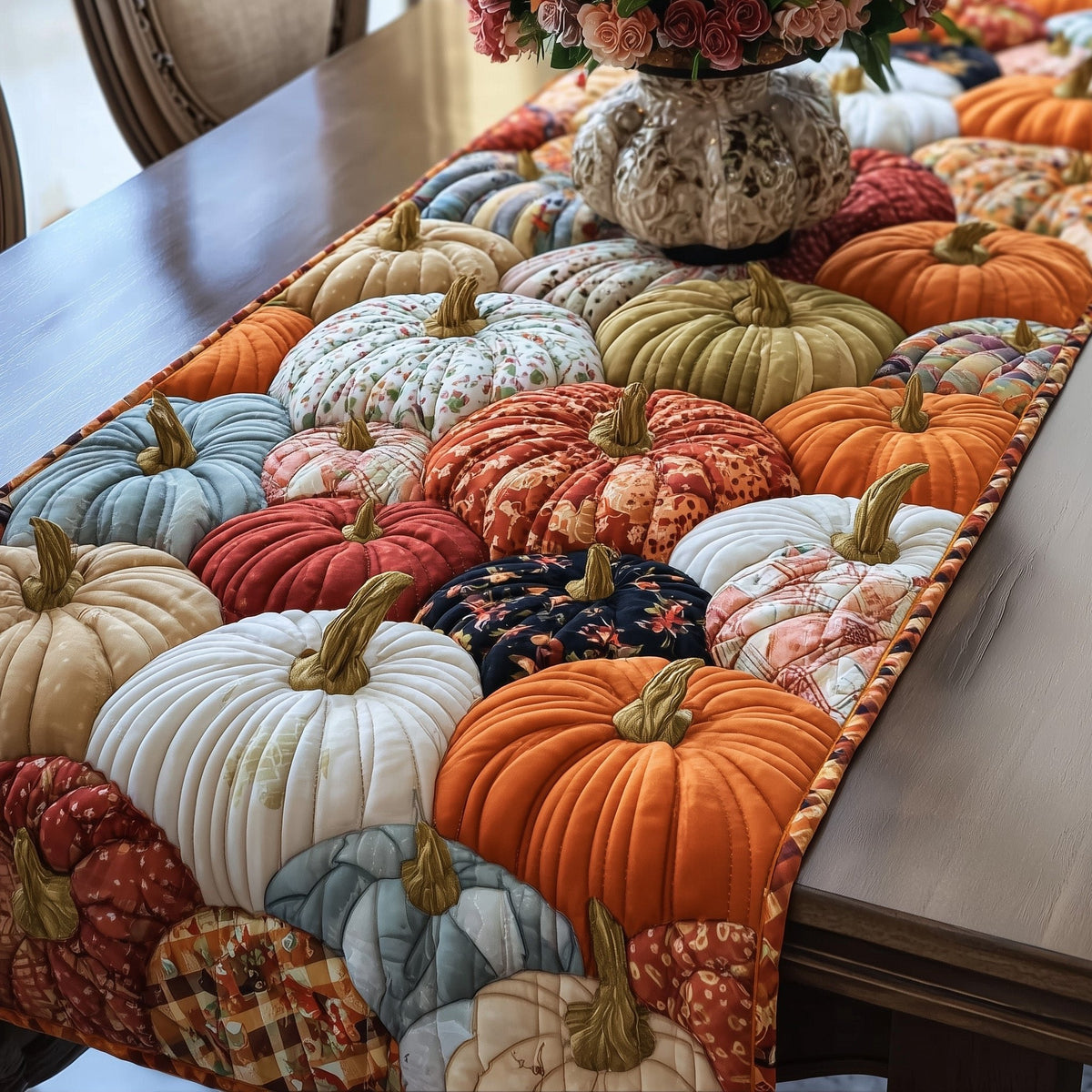 Blue and Floral Pumpkins Table Runner