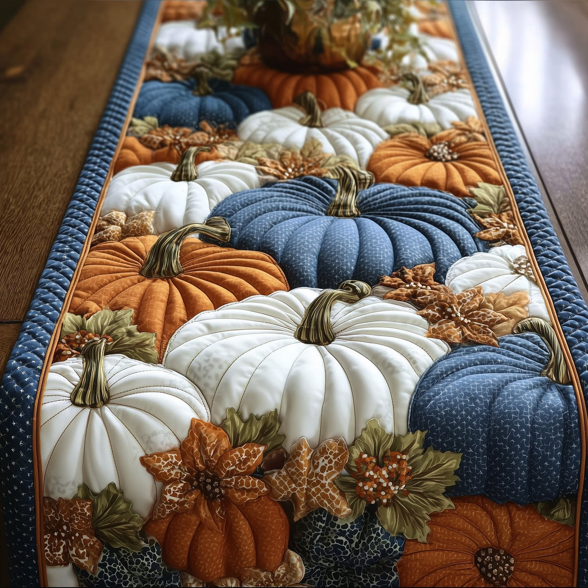 Blue and White Pumpkins with Leaves Table Runner