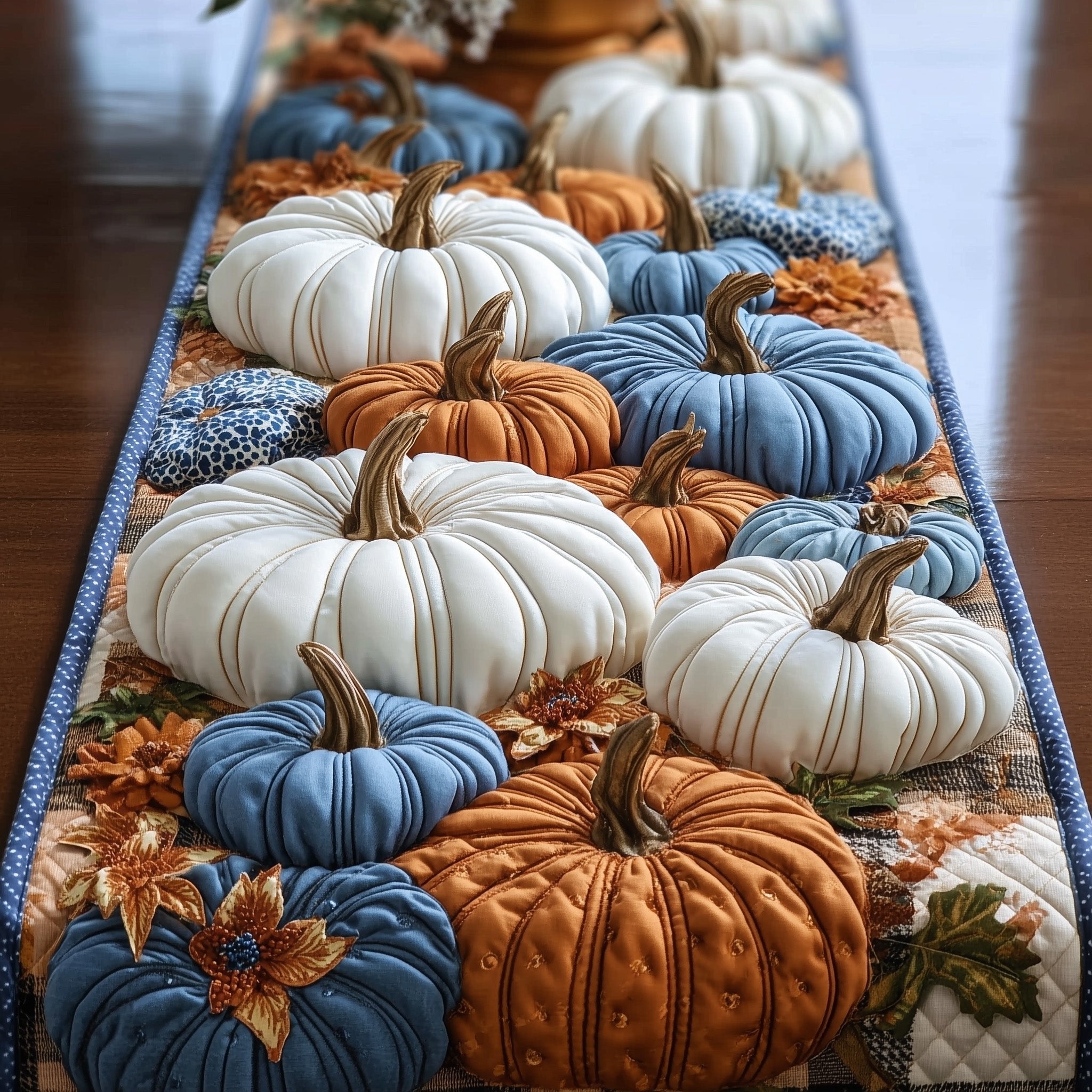 Denim Blue and White Pumpkins Table Runner