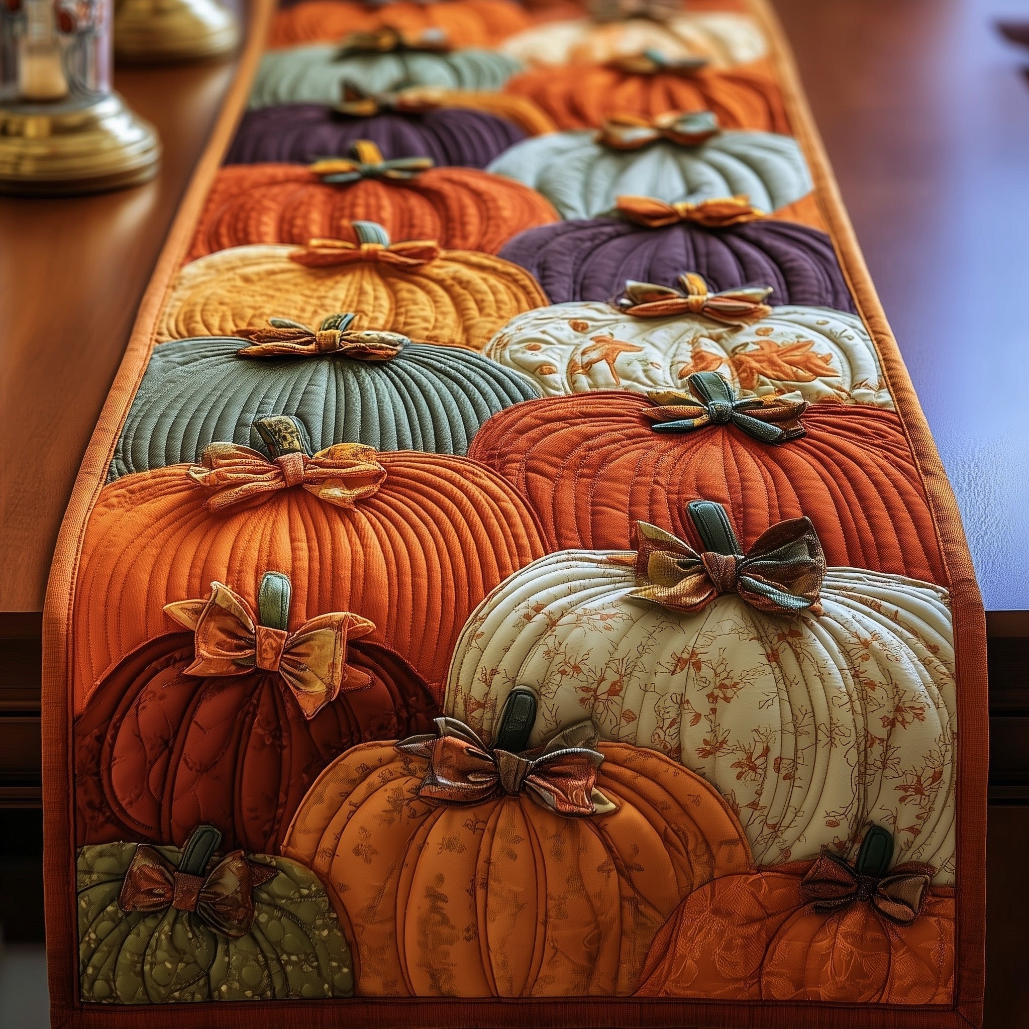 Amber Pumpkins with Tied Bows Table Runner