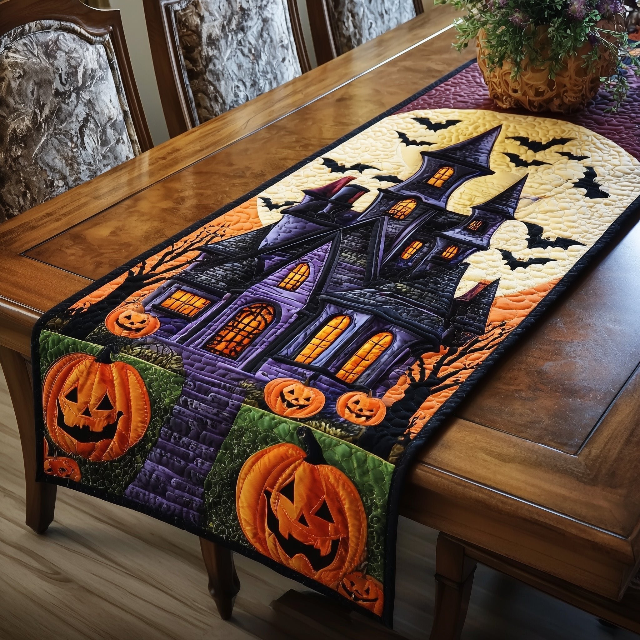 Purple Haunted House with Bats Table Runner