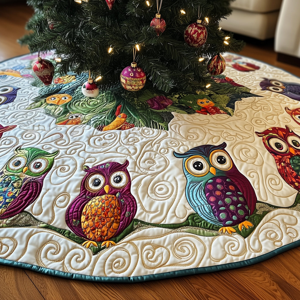Jewel Owls on the Snow Ring Christmas Tree Skirt