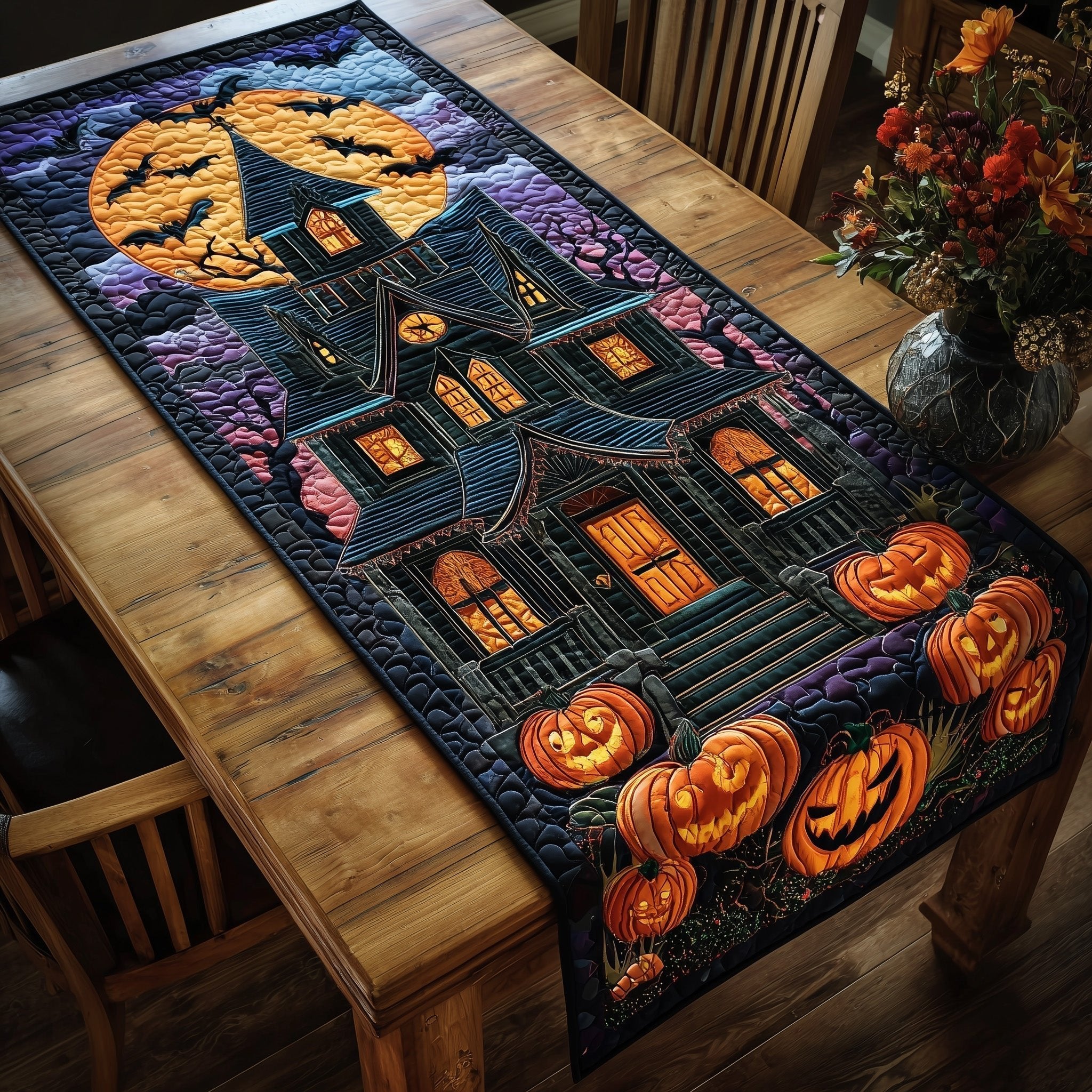 Jack o Lanterns Before the Haunted House Table Runner