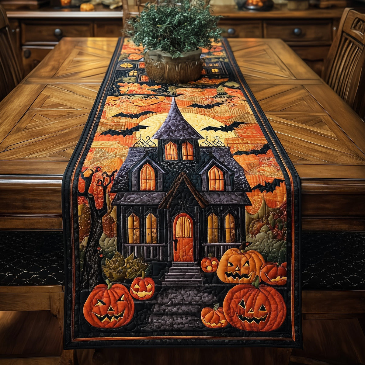 Bats Above the Orange Haunted House Table Runner
