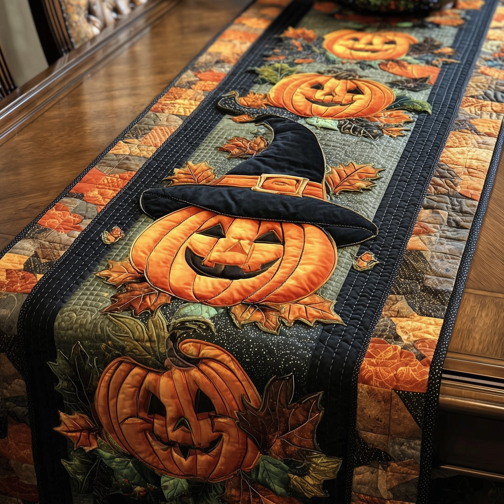 Two Jack o Lanterns with Witch Hat Table Runner