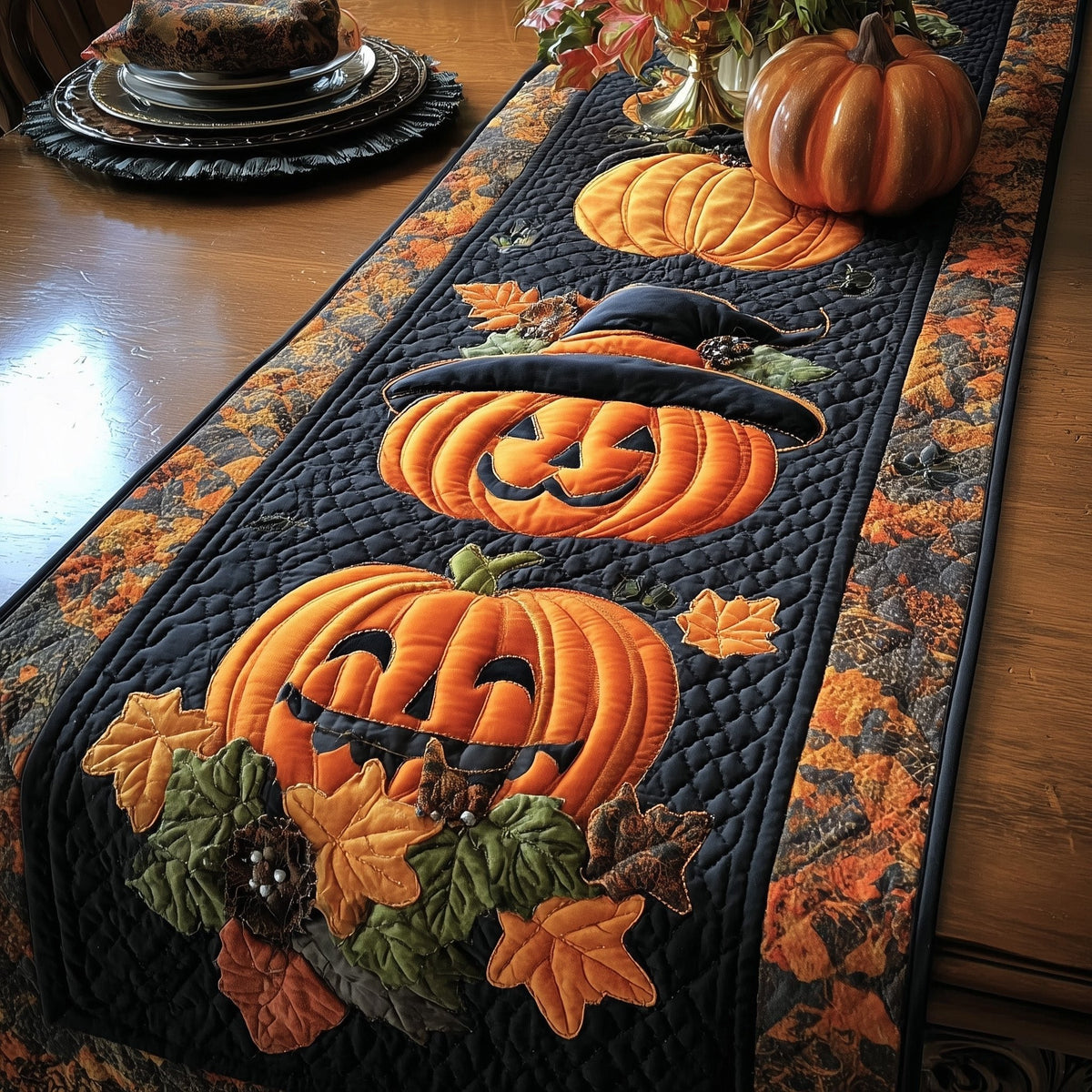 Smiling Pumpkin in a Black Hat Table Runner