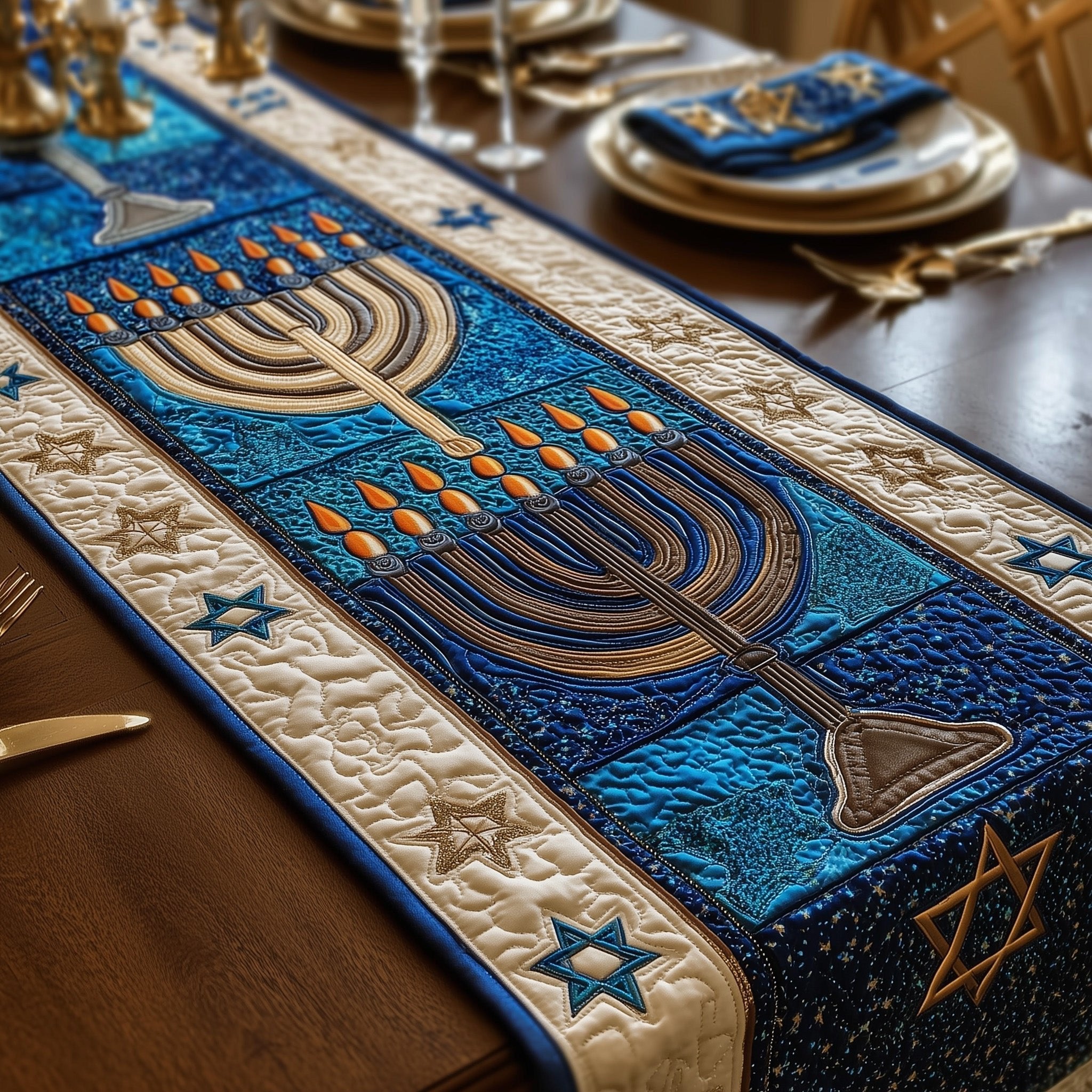 Menorah on Blue with Stars Table Runner