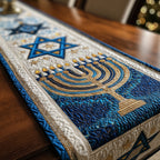Golden Menorah with Blue Star Table Runner