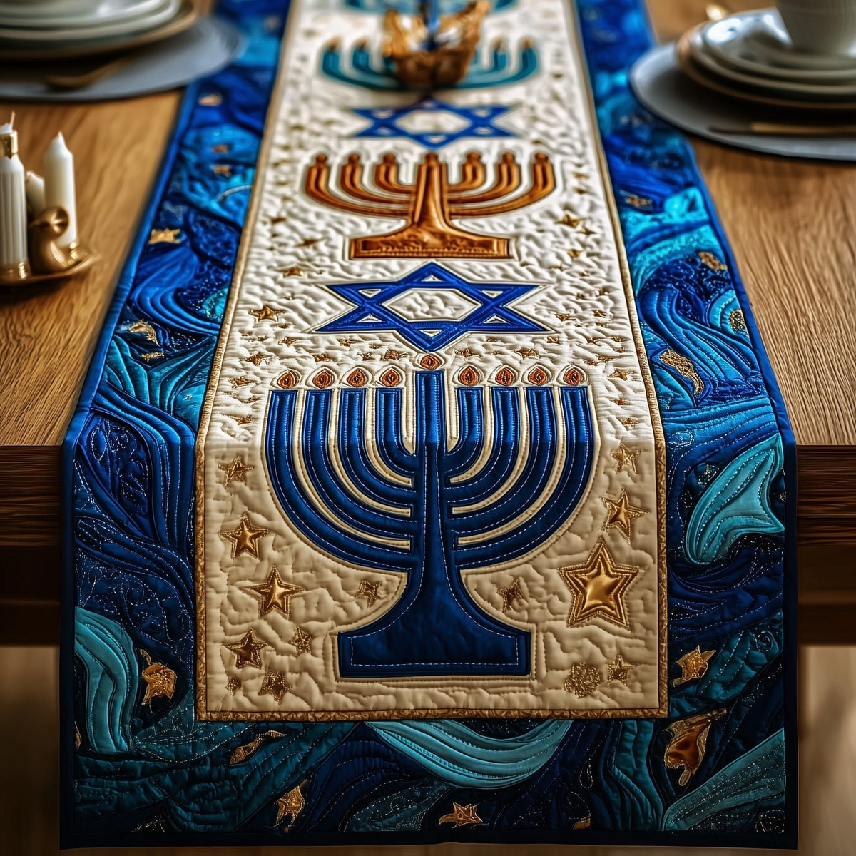 Blue Menorah on Cream Panel Table Runner