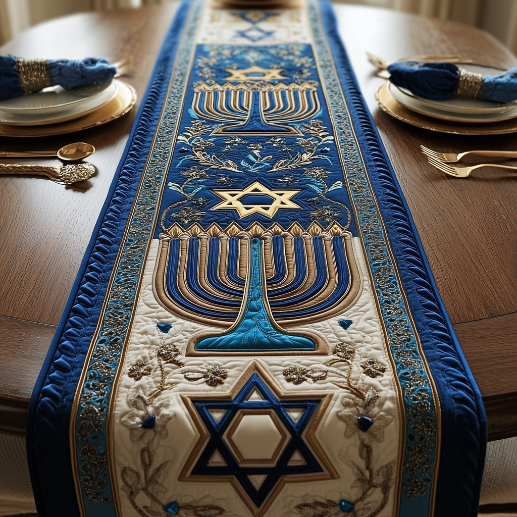 Menorah and Star on Ivory Table Runner