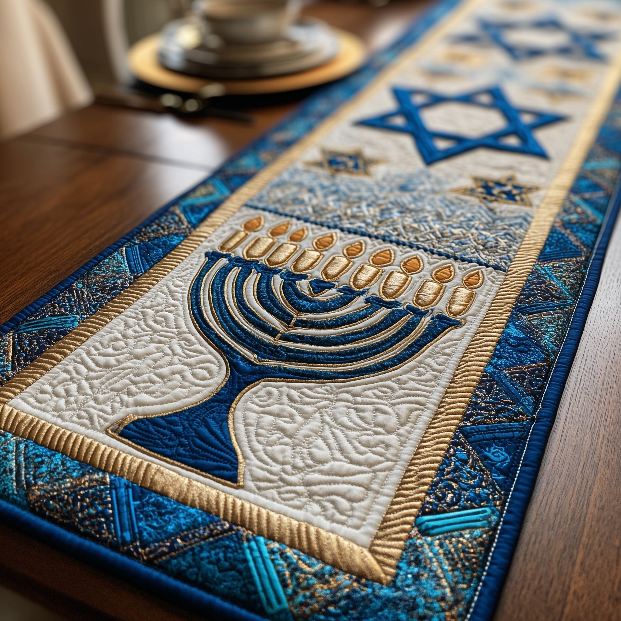 Menorah with Deep Blue Border Table Runner
