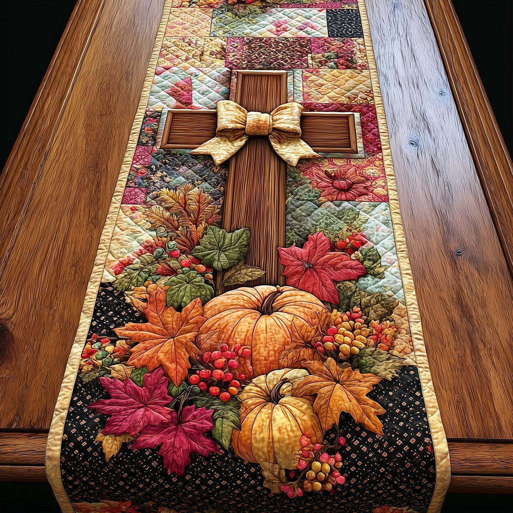 Cross with Bow and Pumpkins on Black Table Runner