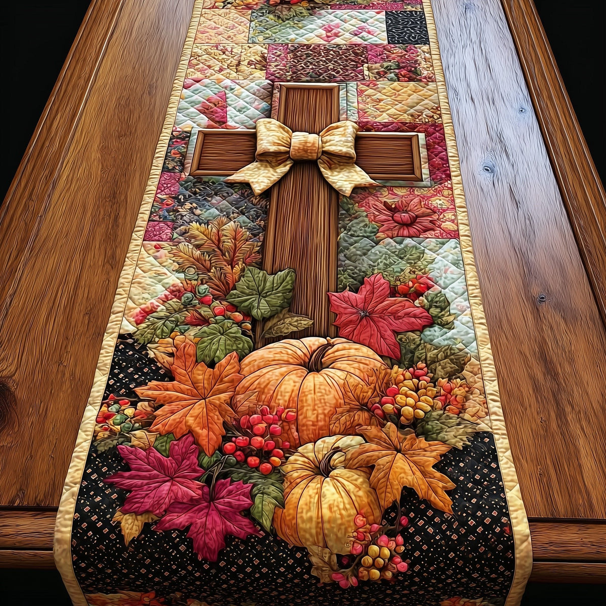 Cross with Bow and Pumpkins on Black Table Runner