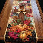 Cross with Bow and Pumpkins on Black Table Runner