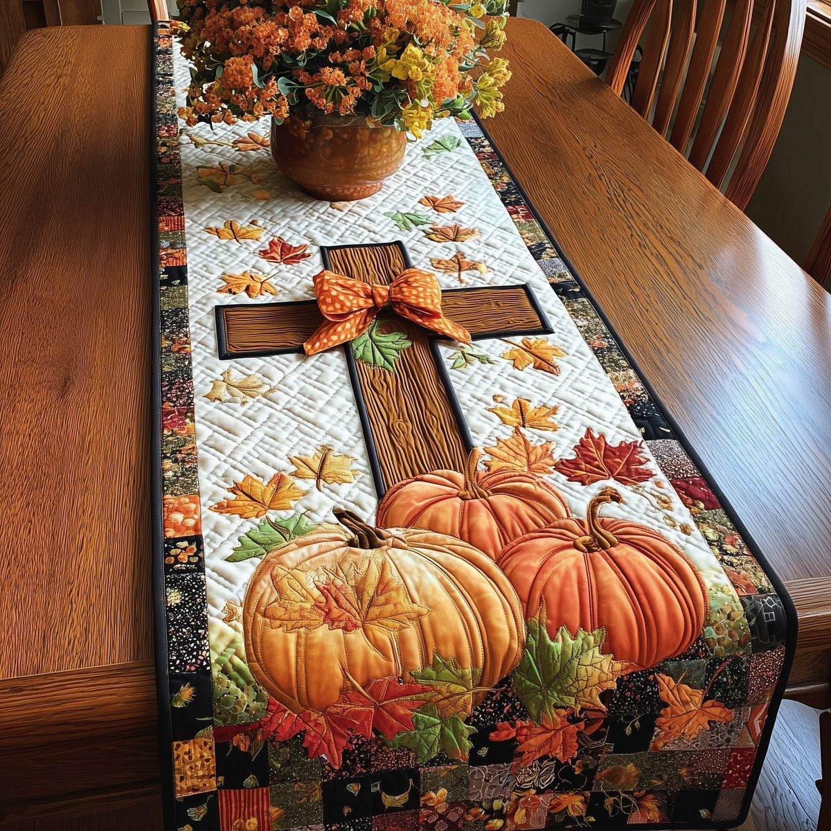 Cross with Ribbon Over Golden Pumpkins Table Runner