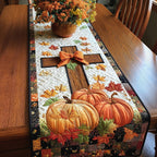 Cross with Ribbon Over Golden Pumpkins Table Runner