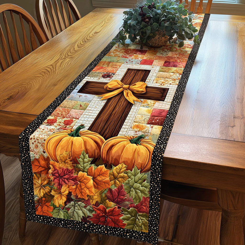 Cross with Bow on Black Dotted Border Table Runner