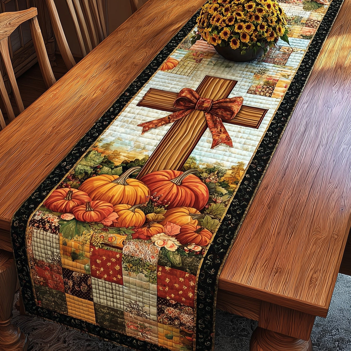 Cross with Brown Bow on Patchwork Table Runner