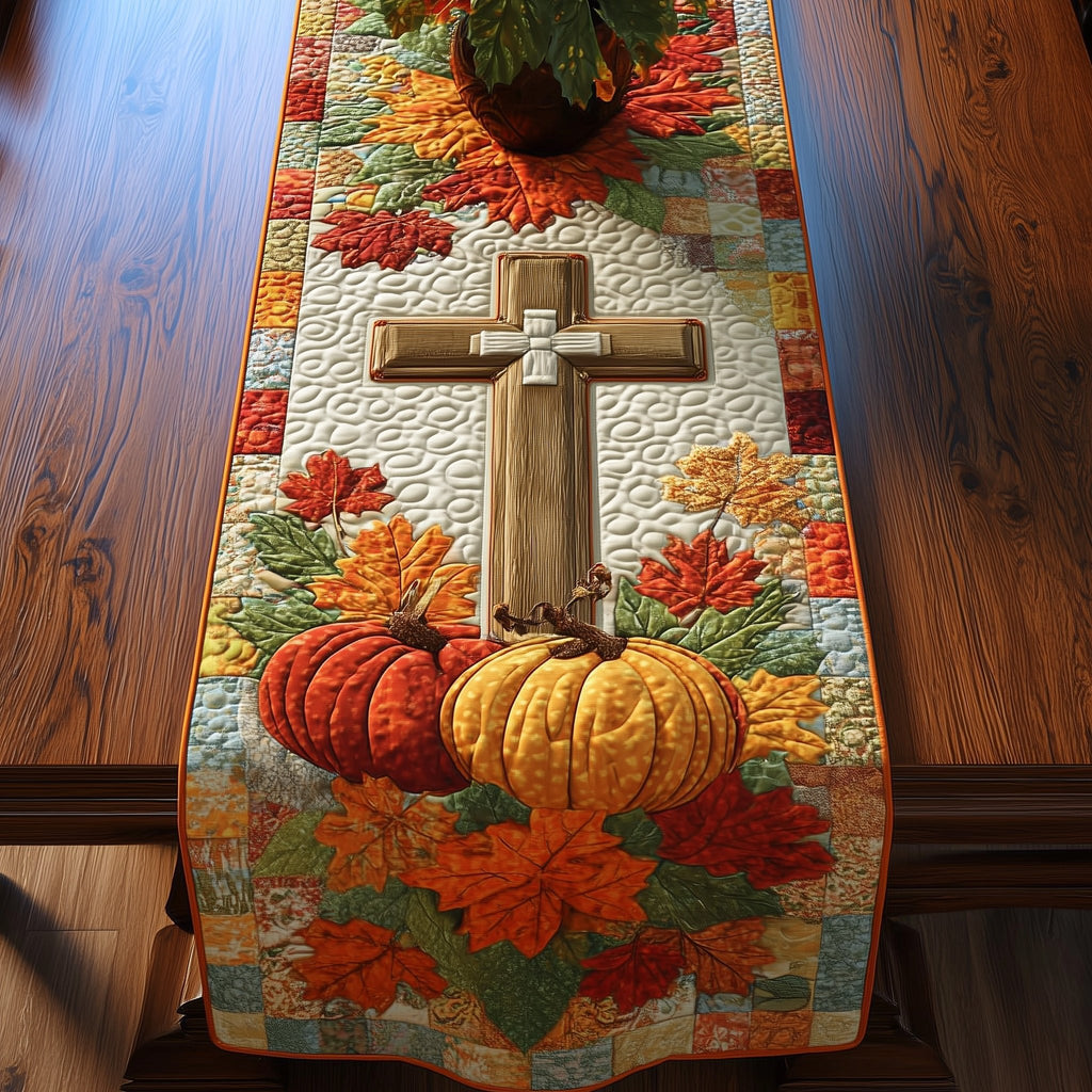Pale Wooden Cross with Pumpkins Table Runner