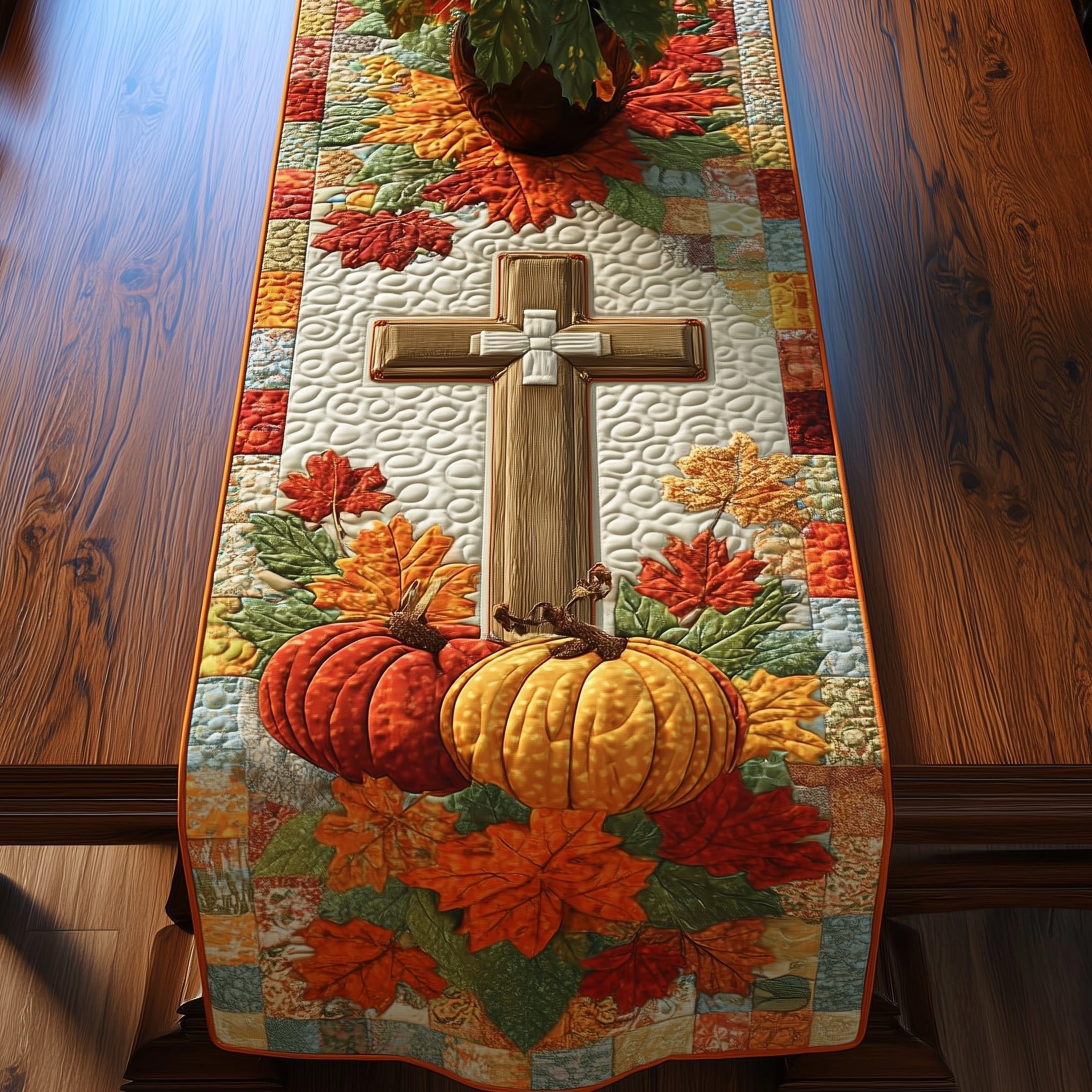 Pale Wooden Cross with Pumpkins Table Runner