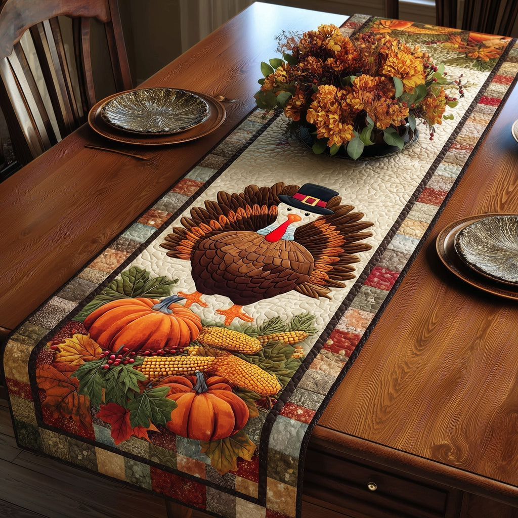 Turkey with Pumpkins and Corn Table Runner