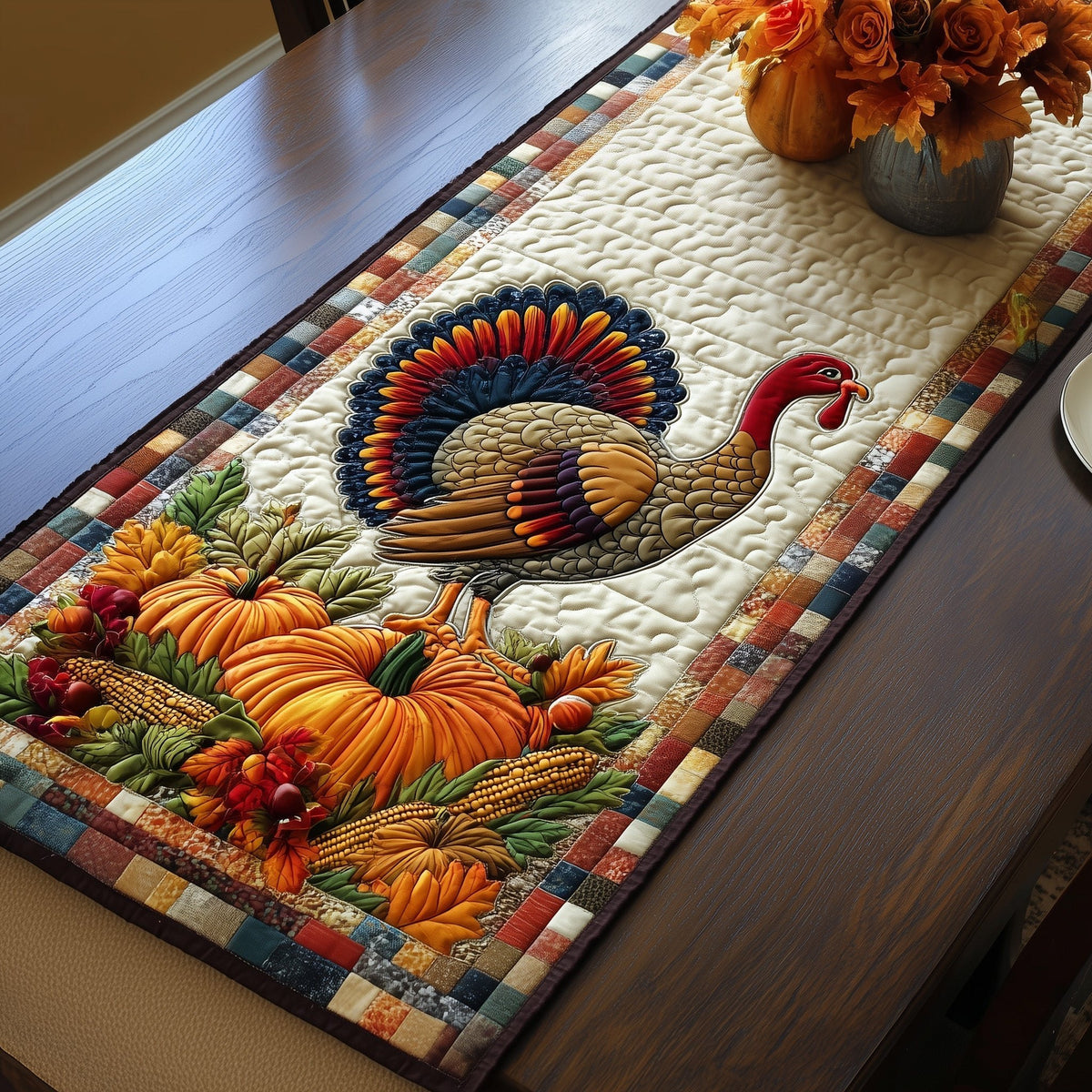Turkey with Checkered Harvest Border Table Runner