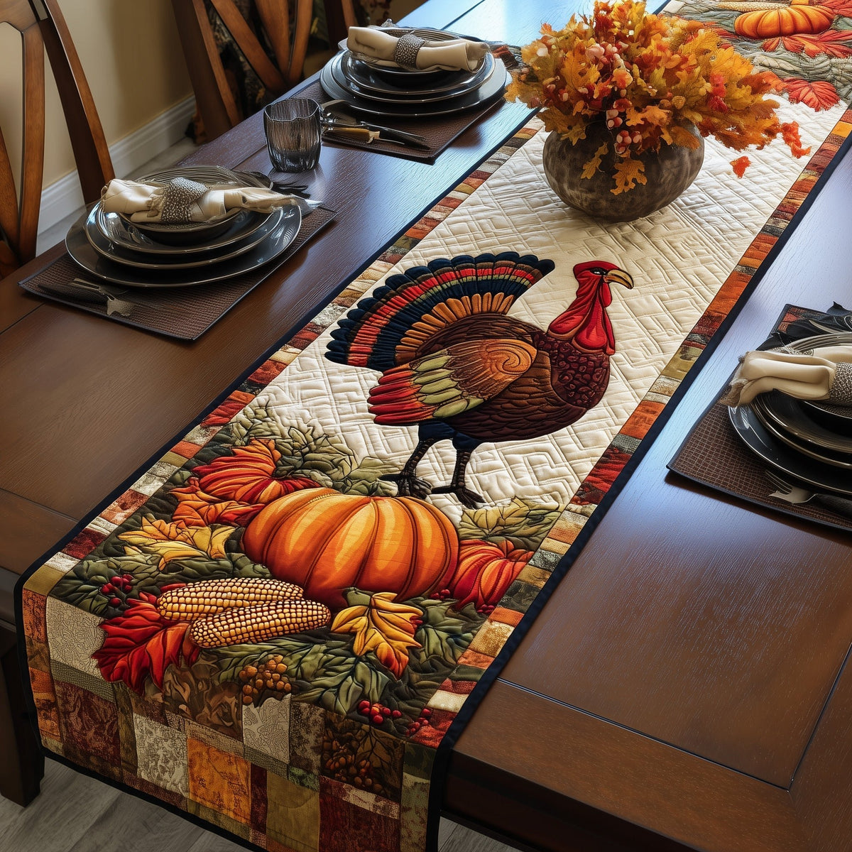 Turkey Beside Corn and Pumpkins Table Runner