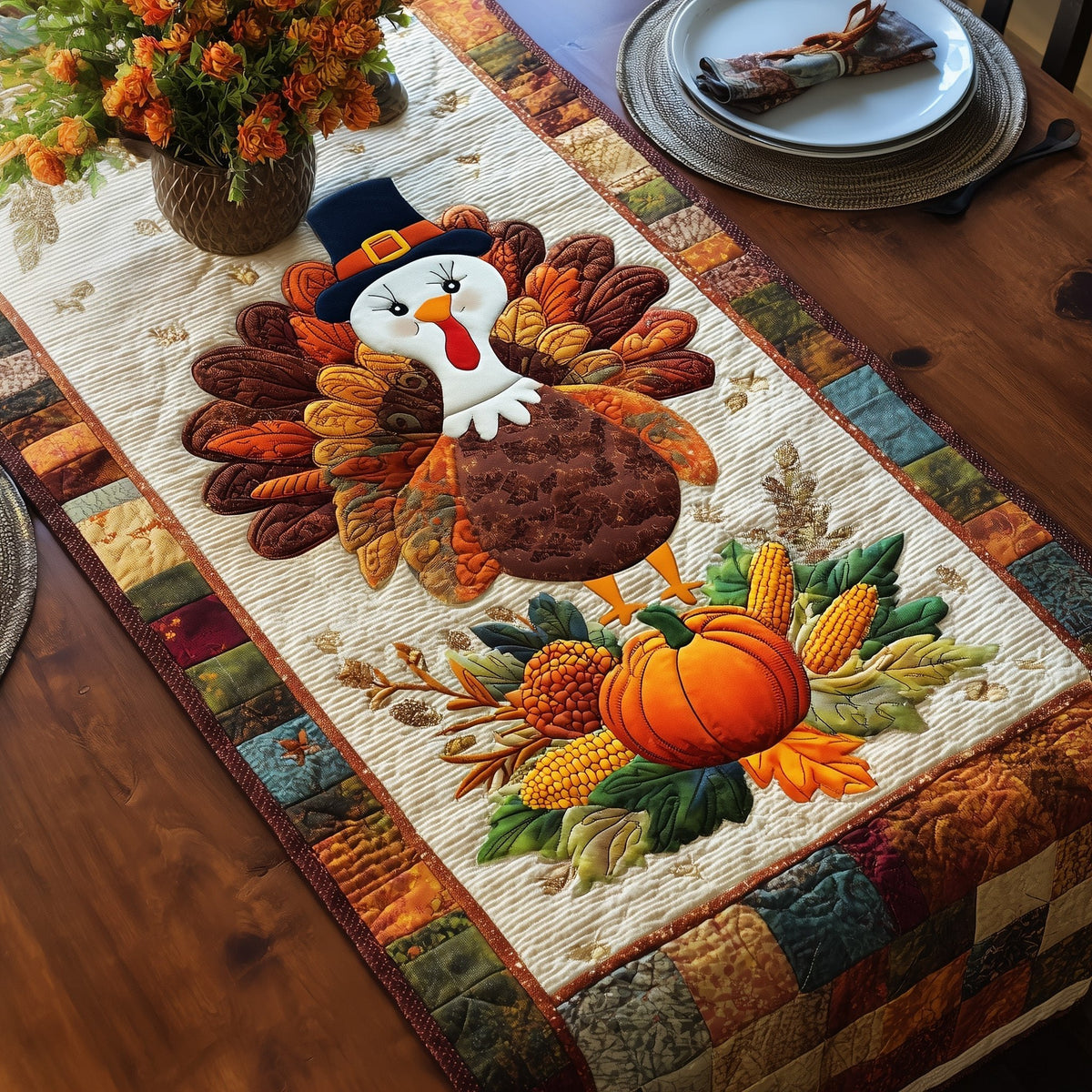Autumn Turkey Turkey in a Pilgrim Hat Table Runner