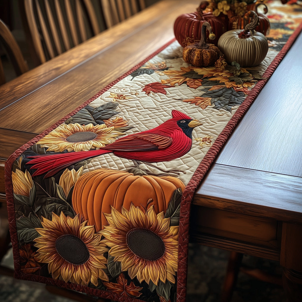 Cardinal with Sunflowers and Orange Pumpkin Table Runner