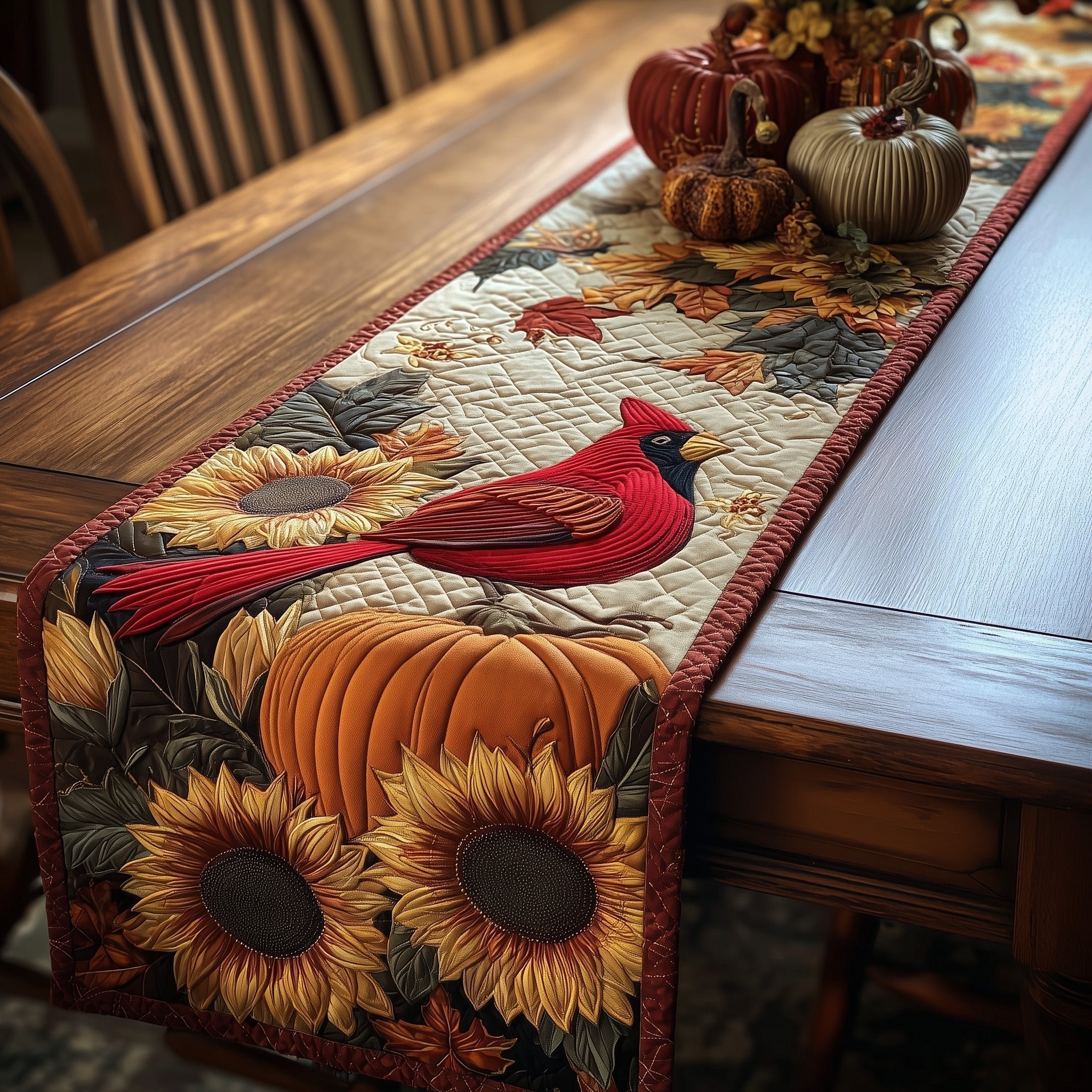 Cardinal with Sunflowers and Orange Pumpkin Table Runner